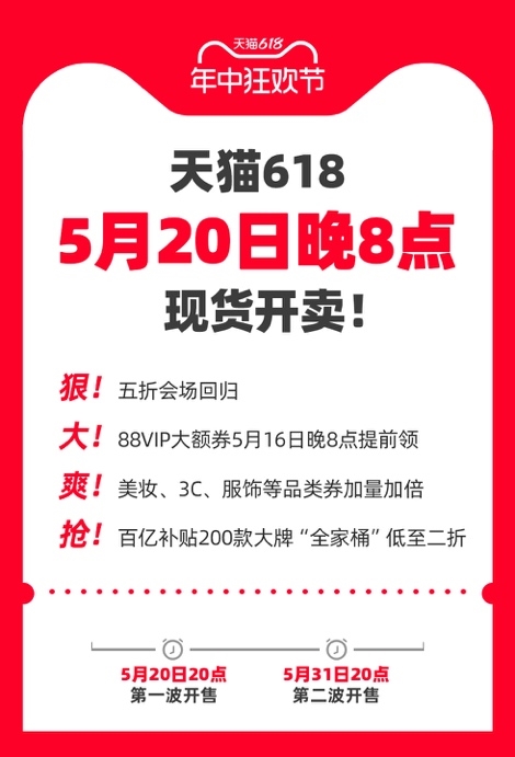 取消预售、五折回归：5月20日天猫618现货直接开卖！